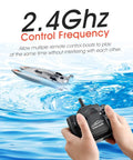 Hands operating 2.4GHz remote with Dope High Speed RC Boat For Adults, 25kmh Top Speed, 2.4G Remote Racing Boat in background