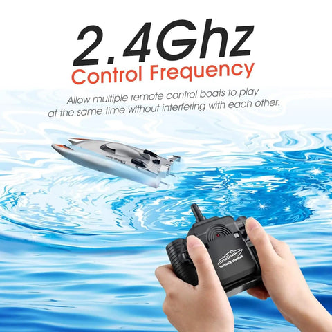 Hands operating 2.4GHz remote with Dope High Speed RC Boat For Adults, 25kmh Top Speed, 2.4G Remote Racing Boat in background