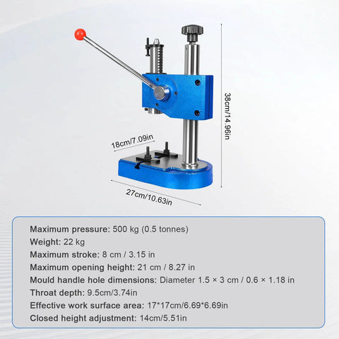 Straight Up Heavy Duty 0.5 Ton Manual Arbor Press with Spring Loaded Bench Mount setup showing dimensions and features.