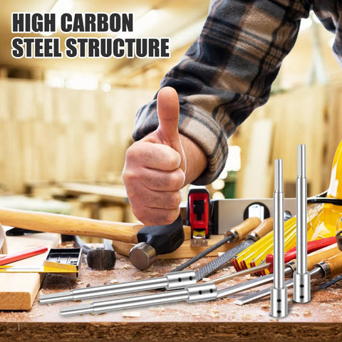 Hella Tight 4 Piece Forstner Bit Extension Shaft Extends Deep Hole Drilling Depth By Over Five Inches, showcasing high carbon steel design and tools.