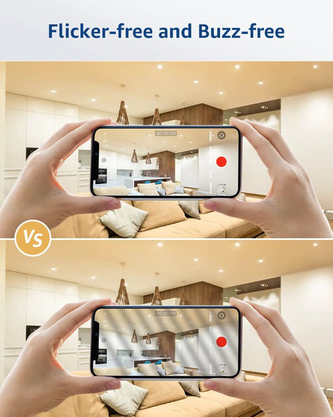 Image comparing lighting quality in a modern kitchen, showcasing Straight Forward Top Notch GU10 Led Bulbs 4 Watt 350 Lumen 2700K Soft White Non Dimmable Track And Recessed Lighting Bulbs No Hassle Quick Install Solid 6 Pack Collection.