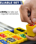 All In One Wire Ferrule Kit With 5000 Pcs Insulated Pin Ends Pro Grade 12 Sizes From AWG22 To AWG7 Tinned Copper Terminals in yellow containers.