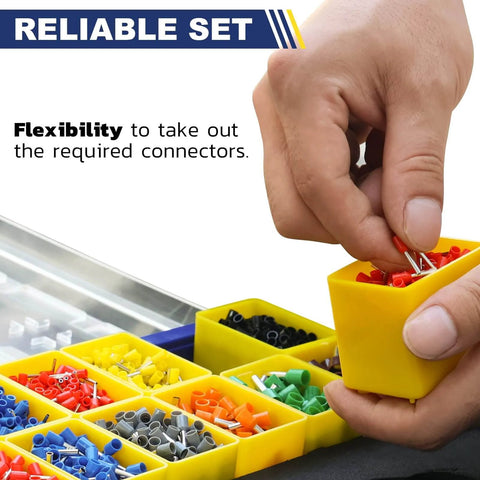 All In One Wire Ferrule Kit With 5000 Pcs Insulated Pin Ends Pro Grade 12 Sizes From AWG22 To AWG7 Tinned Copper Terminals in yellow containers.