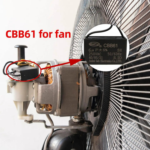 CBB61 6uF 250V AC Capacitor For Ceiling Fans 2 Wire 50/60Hz mounted on fan motor for plug-and-play application
