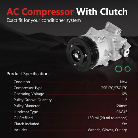 Heavy Duty AC Compressor With Clutch For Toyota Camry Rav4 Sienna 2 5 Liter And 2 7 Liter Engines 2012 Through 2017 side view with pulley.