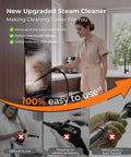 Handheld Steam Cleaner With Dual Core Fast Heating And One Point Eight Liter Tank For Homes Kitchens Bathrooms And Cars Generates Hella Hot Vapor That Cuts Through Grease Heavy Dirt And Sticky Gunk On The Fly For Fast Wipe Down Results, user applying steam cleaner in modern kitchen.