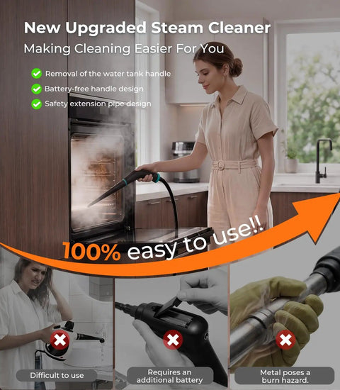 Handheld Steam Cleaner With Dual Core Fast Heating And One Point Eight Liter Tank For Homes Kitchens Bathrooms And Cars Generates Hella Hot Vapor That Cuts Through Grease Heavy Dirt And Sticky Gunk On The Fly For Fast Wipe Down Results, user applying steam cleaner in modern kitchen.