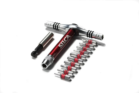 T Ratchet Torque Kit With Titanium Torsion Beam And 10 S2 High Vis Hex Torx Phillips Bits with red and silver handle