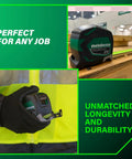 TruRange 25 Ft Measuring Tape With 17 Ft Standout, high visibility green blade shown in use on job site