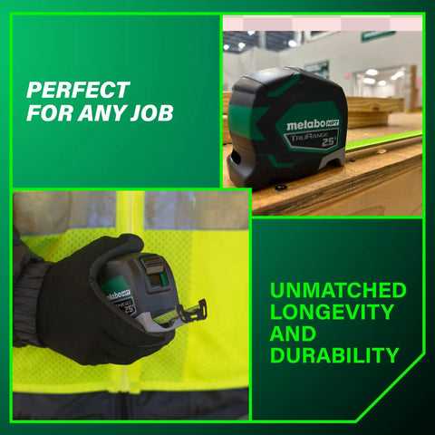 TruRange 25 Ft Measuring Tape With 17 Ft Standout, high visibility green blade shown in use on job site