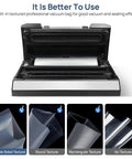 Vacuum Sealer Machine With 90Kpa Vacuum, Dry Moist And Liquid Modes, open with built-in textured vacuum bag roll visible