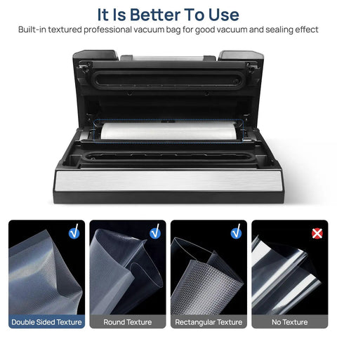 Vacuum Sealer Machine With 90Kpa Vacuum, Dry Moist And Liquid Modes, open with built-in textured vacuum bag roll visible