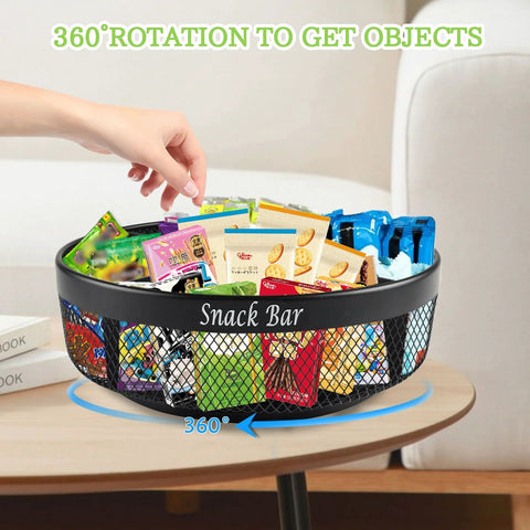 Xbopetda black metal 4-compartment lazy Susan snack organizer on countertop, filled with snacks.
