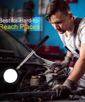 Mechanic using Telescoping Inspection Mirror With LED Light And 3.75 Inch Round Mirror, Extendable Handle From 14.5 To 39.4 Inches, Flexible 360 Degree Swivel for inspecting engine.