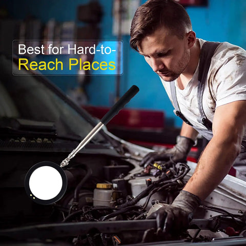 Mechanic using Telescoping Inspection Mirror With LED Light And 3.75 Inch Round Mirror, Extendable Handle From 14.5 To 39.4 Inches, Flexible 360 Degree Swivel for inspecting engine.