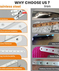 Comparison of heavy duty 5 inch stainless steel mending plate flat brace for wood and furniture repair with iron.