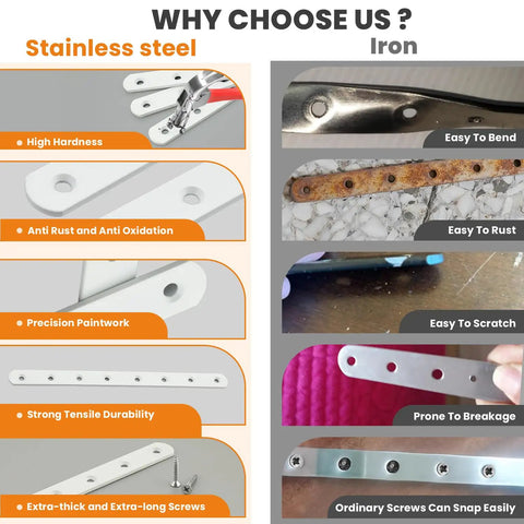 Comparison of heavy duty 5 inch stainless steel mending plate flat brace for wood and furniture repair with iron.