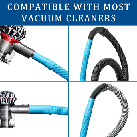 Dryer Vent Cleaning Kit With Flexible Vacuum Hose Attachment For Most Vacuums shown with various compatible vacuums.