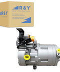 Top Shelf Remanufactured Air Conditioning Compressor with yellow ports and electrical connector, packaged in branded box.