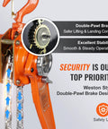 VEVOR manual lever chain hoist, orange steel body, 1-1/2 ton capacity, 10 ft lift chain.