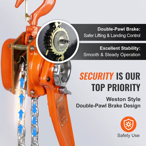 VEVOR manual lever chain hoist, orange steel body, 1-1/2 ton capacity, 10 ft lift chain.