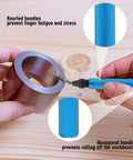 7 Piece Burr Busting Deburring Tool Set With High Grade Swivel Blades And Metal Handle For Deburring Metal Resin PVC Pipes Copper Plastic And 3D Printed Parts Including Hole Internal Chamfer Tool demonstrating knurled handle use on a metal pipe.