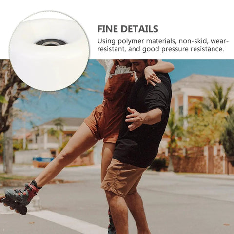 Close-up of white PU double-row roller skate wheel with bearings for quad skating, shown on a sunny street