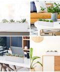 Montage of 16 Inch Window Box Planter with Tray Lightweight Plastic Rectangular Pot for Balcony or Windowsill in various settings
