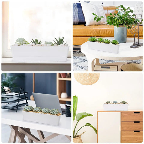 Montage of 16 Inch Window Box Planter with Tray Lightweight Plastic Rectangular Pot for Balcony or Windowsill in various settings