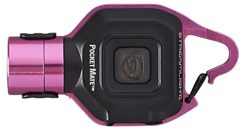 Pocket Mate 325 Lumen USB Rechargeable Flashlight With Clip On Keychain, ultra compact pink light shown from top view