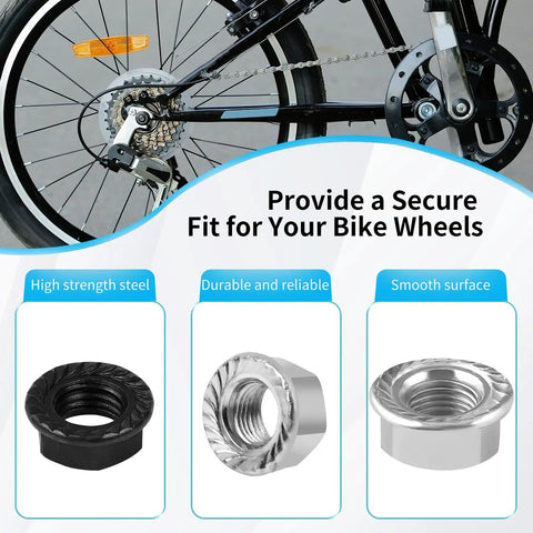 12 Piece Bicycle Axle Nut And Safety Washers Kit With Three Sizes M8 M9.5 M10 For Front And Rear Wheels Fits Mountain Road Kid City Bikes Black And Silver Nut Washers Set Easy DIY Replacement Pro Grade shown with bike wheel.