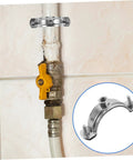 Adjustable Stainless Steel Water Pipe Clamp Brackets Set For 20 To 200mm Pipes securing a pipe with yellow valve