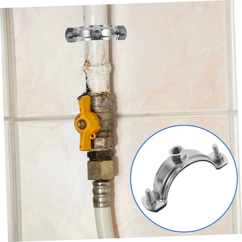 Adjustable Stainless Steel Water Pipe Clamp Brackets Set For 20 To 200mm Pipes securing a pipe with yellow valve