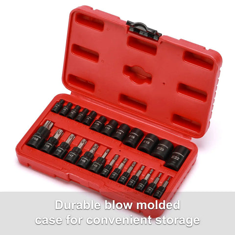 Heavy Duty Torx Bit Socket Set With 25 Pieces And External Sockets, Thirteen Star Bits T8 To T60 And Twelve Female ETorx Sockets E4 To E22 in red case