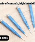 Four Piece Ceramic Screwdriver Set With Non Conductive Slotted Tips And Anti Static Plastic Build For Safe Electronics Work Featuring Ergonomic Handles And Lightweight Design That Make Phone Repair An Absolute Breeze. Close-up of blue ceramic screwdrivers in four sizes.