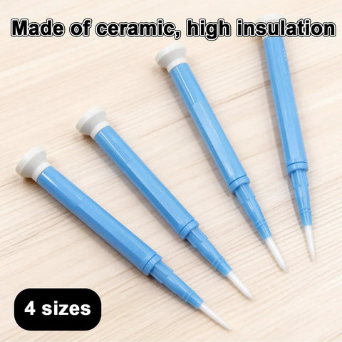 Four Piece Ceramic Screwdriver Set With Non Conductive Slotted Tips And Anti Static Plastic Build For Safe Electronics Work Featuring Ergonomic Handles And Lightweight Design That Make Phone Repair An Absolute Breeze. Close-up of blue ceramic screwdrivers in four sizes.