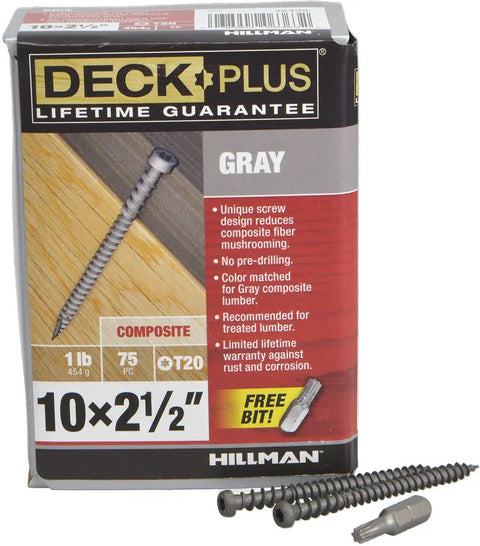 Gray Deck Screws 75 Piece Set For Composite And Treated Wood With Ceramic Coating For Rust And Corrosion Protection Self Tapping Pro Cut Threads No Predrill Tip Trap Head And Star Drive Jobsite Ready shown on box and screws in foreground