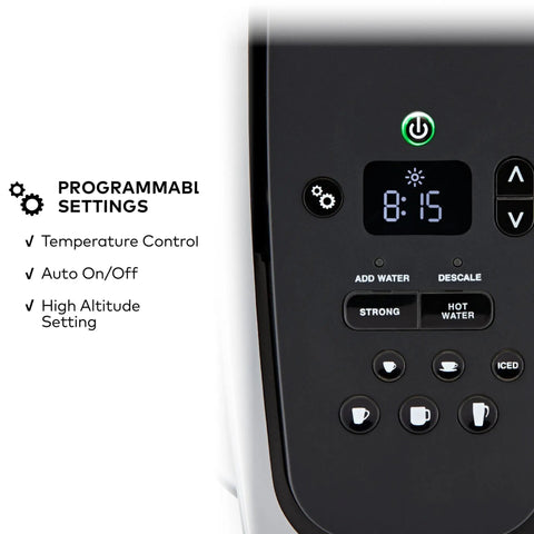 Close-up of programmable settings on the Kick Up Your Morning Routine With This Dope Single Serve Coffee Maker.