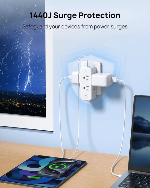 9 In 1 USB C Surge Protector Outlet Extender With 6 AC Outlets, 2 USB A Ports, And 1 USB C Port, wall mounted setup