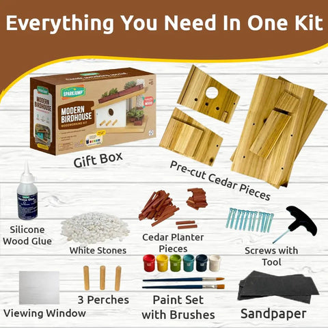 Modern Birdhouse DIY Kit For Kids And Adults Build Your Own Woodworking Craft Easy Fam Bonding Project For Skill Building Creative Woodworking Kit items include cedar pieces, paint set, and tools.