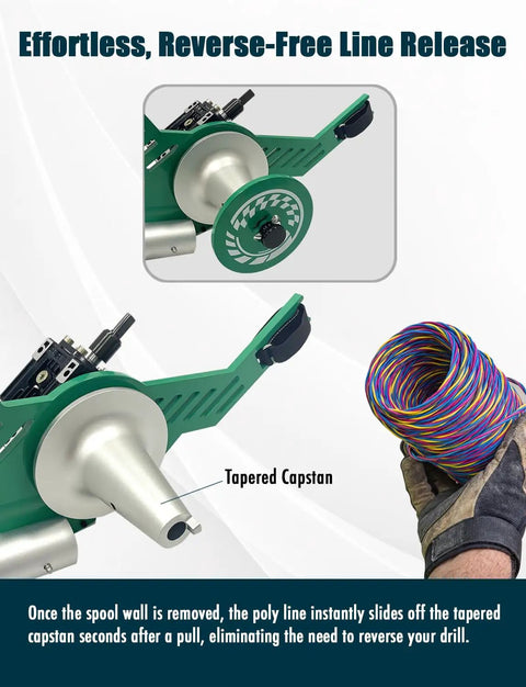 Heavy Duty Drill Attachment Cable Puller With 1000 Lb Force Adjustable Wire Tugger For Half Inch To Four Inch Conduit Pro Electrician Beast, showcasing tapered capstan and colorful poly line.