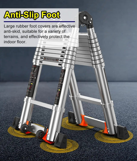 Heavy Duty Telescoping Extension Ladder showcasing anti-slip rubber foot design for stable indoor and outdoor use.