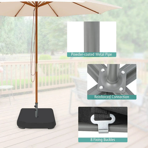 Heavy Duty Beefy 220 Pound Patio Umbrella Base With Sandbags, All Weather Oxford Cover, parts close-up and support details
