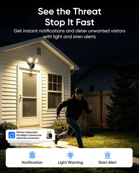 Man running towards a house with SZPOWER 2K Floodlight Camera, 3000K Hardwired Smart Security Camera Outdoor illuminating the area.