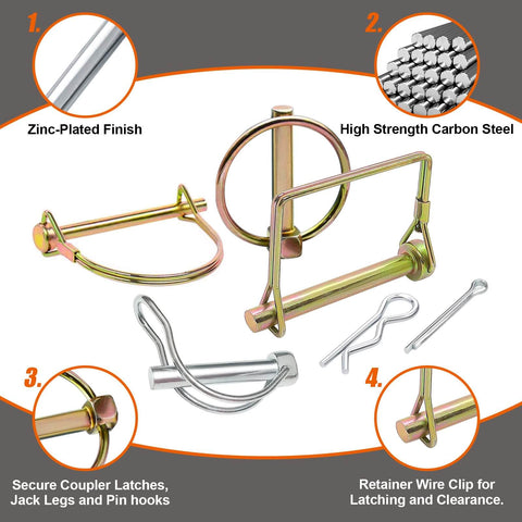 380 pcs heavy duty pin kit for trucks trailers tractors mowers and hitches includes square PTO pins, lynch pins, hair pins.