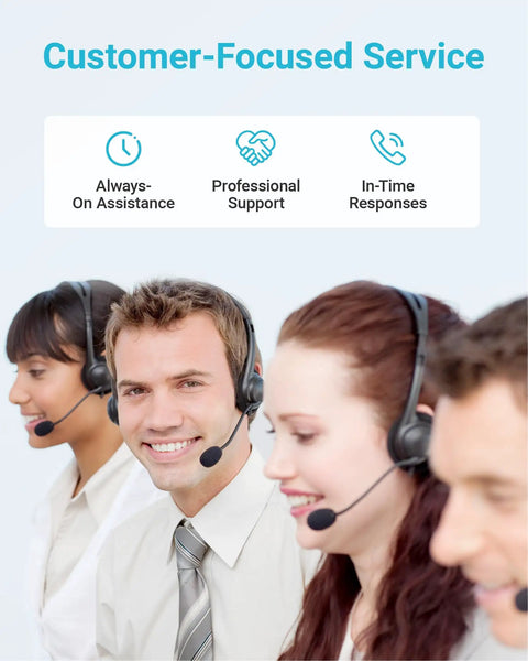 Customer service team providing professional support with headsets, ensuring in-time responses and assistance.