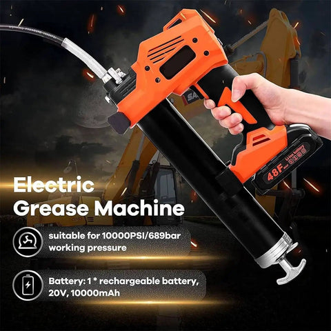 Cordless Grease Gun Kit With Two Batteries And Carrying Case, 20V High Pressure 10000 PSI Pro Grease Pumper for Trucks, Ships, and Agricultural Machinery, with ergonomic grip.