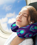 Woman using Women's Memory Foam U Shaped Travel Neck Pillow Portable Super Cozy For Plane Car Or Office Naps Lightweight Support With Trippy Blue Tie Dye Alien Design on airplane