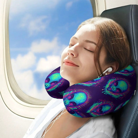 Woman using Women's Memory Foam U Shaped Travel Neck Pillow Portable Super Cozy For Plane Car Or Office Naps Lightweight Support With Trippy Blue Tie Dye Alien Design on airplane