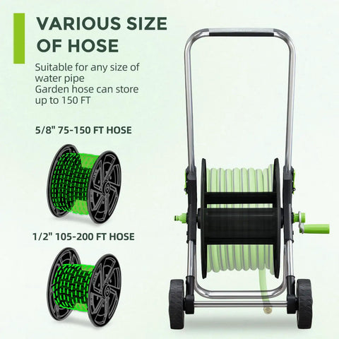 All Weather Garden Hose Reel Cart With Wheels Holds Seventy Five To One Hundred Fifty Feet Of Five Eighths Inch Hose Portable